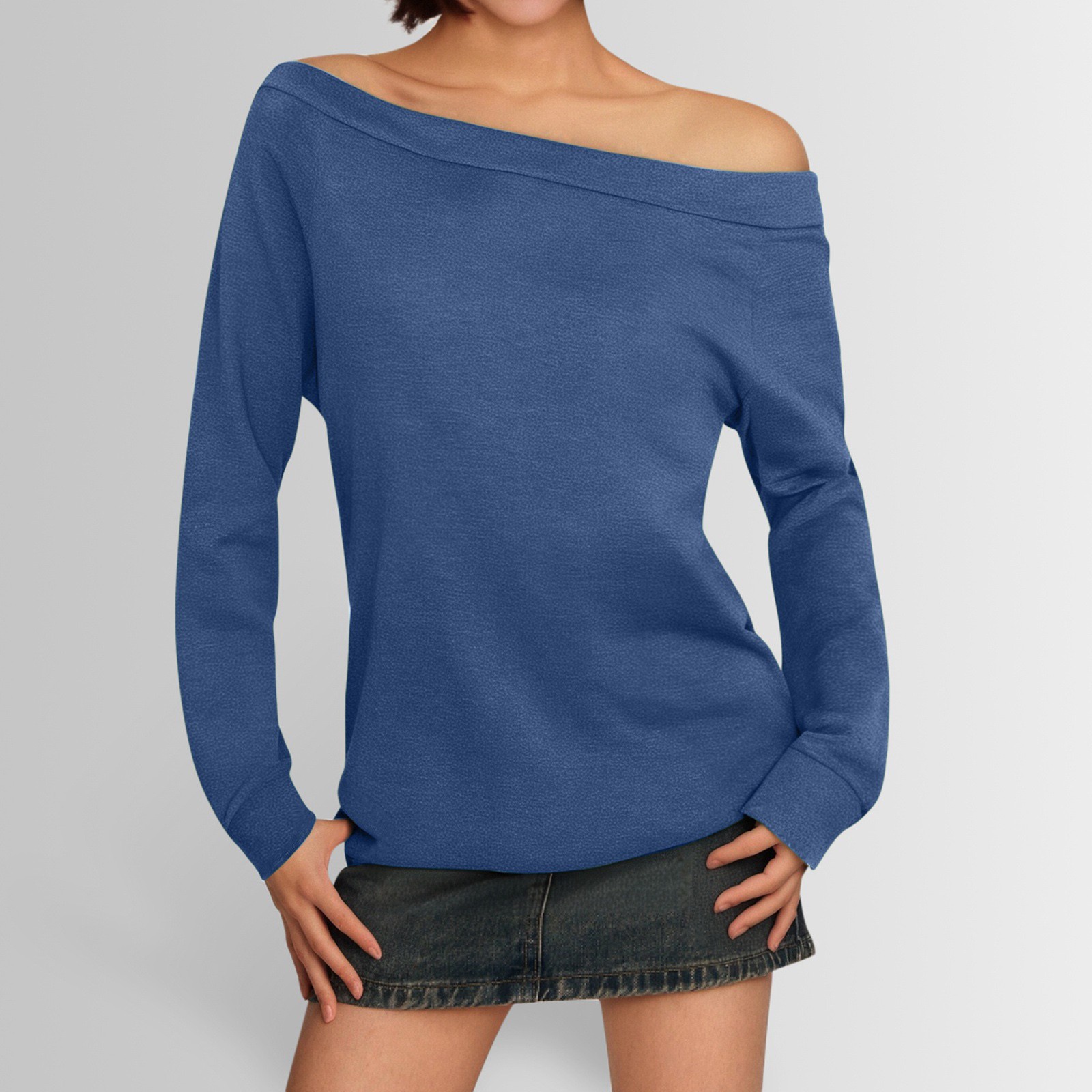 thumbnail image 2 of Blusa de manga larga con hombros descubiertos para mujer - Camiseta informal de verano de color liso, 2 of 6